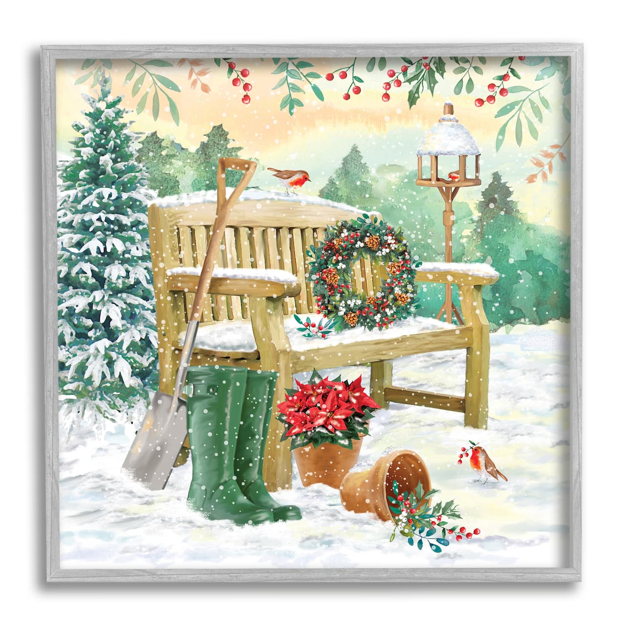 Stupell Industries Snowy Bench Seasonal Holly Plants Framed Giclee Art